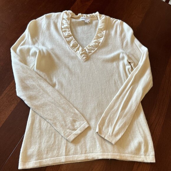 Charter Club Womens Cashmere Sweater Ivory L V-Neck Ruffle Trim  Classic Preppy - Picture 9 of 9